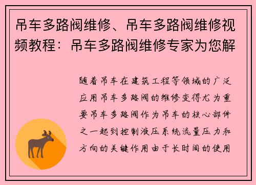 吊车多路阀维修、吊车多路阀维修视频教程：吊车多路阀维修专家为您解答